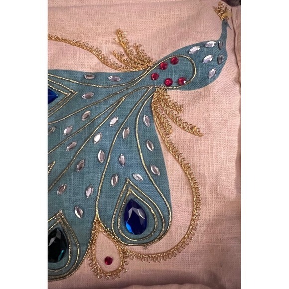 Vintage‎ Linen Peacock Wooden Handle Handbag W/Rhinestones 10"x13x3" - Picture 4 of 13